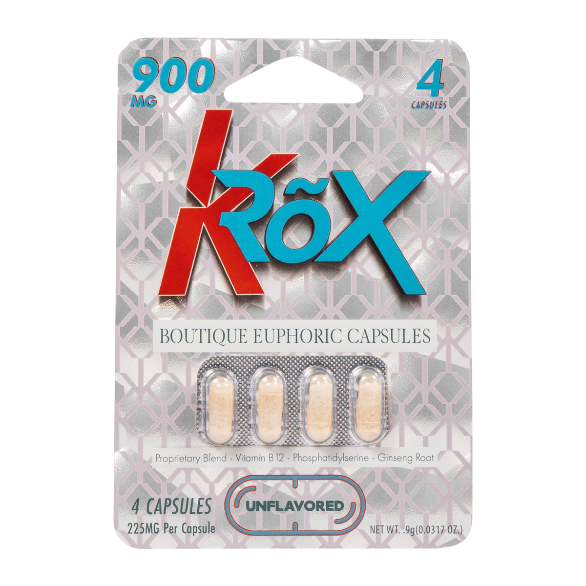 Elevated Haze KRox “Special” Capsules, 900MG total, four capsules in a blister pack, featuring dark-colored capsules with branding.