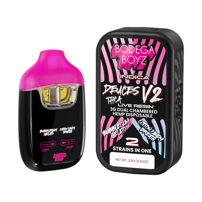 Bodega Boyz Deuces THCA Live Resin Disposable Vape – 3G — Bubblegum Gelato Cotton Candy Breath packaging