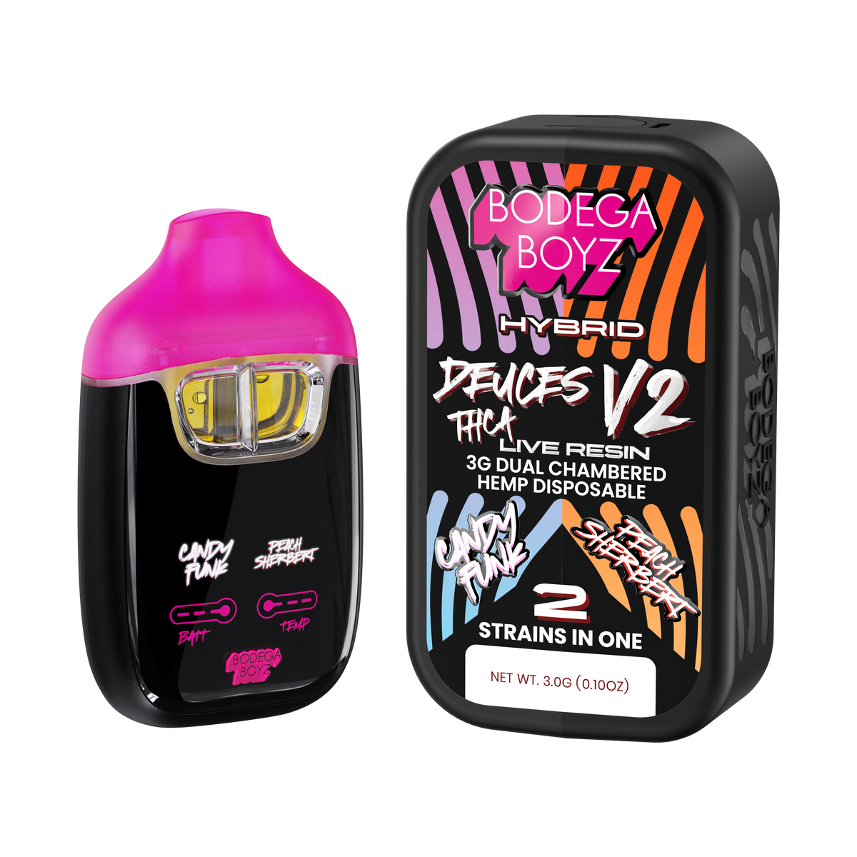 Bodega Boyz Deuces THCA Live Resin Disposable Vape – 3G — Candy Funk Peach Sherbert packaging