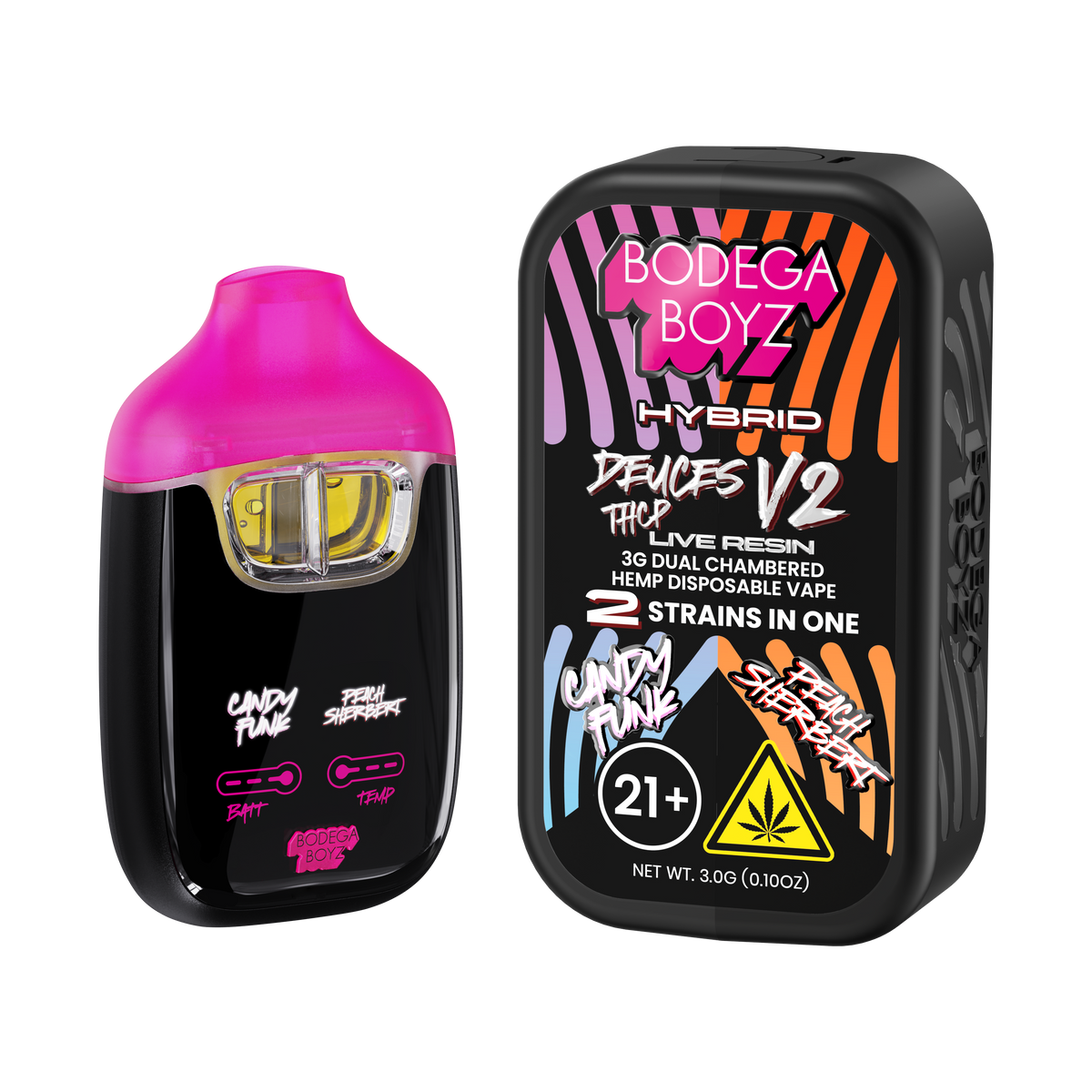 Bodega Boyz Deuces THCP Live Resin 3G jar with Peach Sherbert Candy Funk flavor, showing the colorful product packaging.