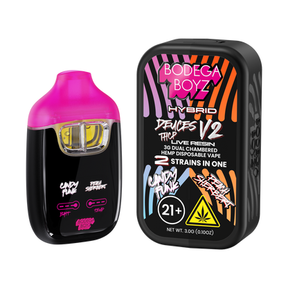 Bodega Boyz Deuces THCP Live Resin 3G jar with Peach Sherbert Candy Funk flavor, showing the colorful product packaging.