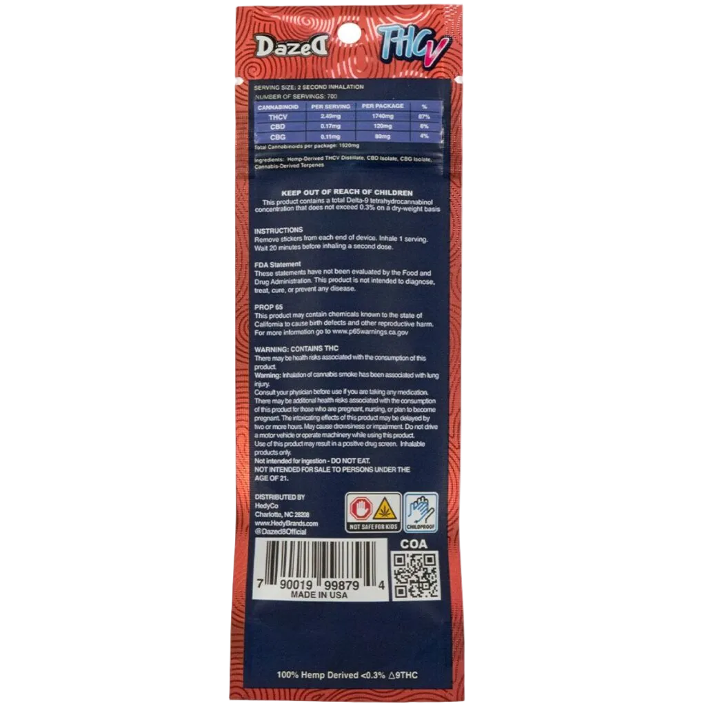 Dazed 2g THCV disposable vape — Sour Gorilla back