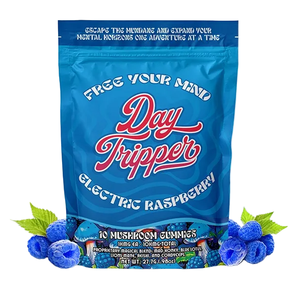Day Tripper Electric Raspberry gummy pouch, front view