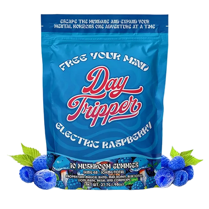 Day Tripper Electric Raspberry gummy pouch, front view