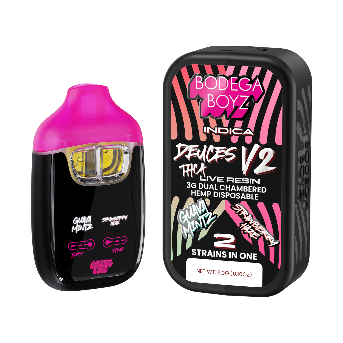 Bodega Boyz Deuces THCA Live Resin Disposable Vape – 3G — Guava Mintz Strawberry Haze packaging