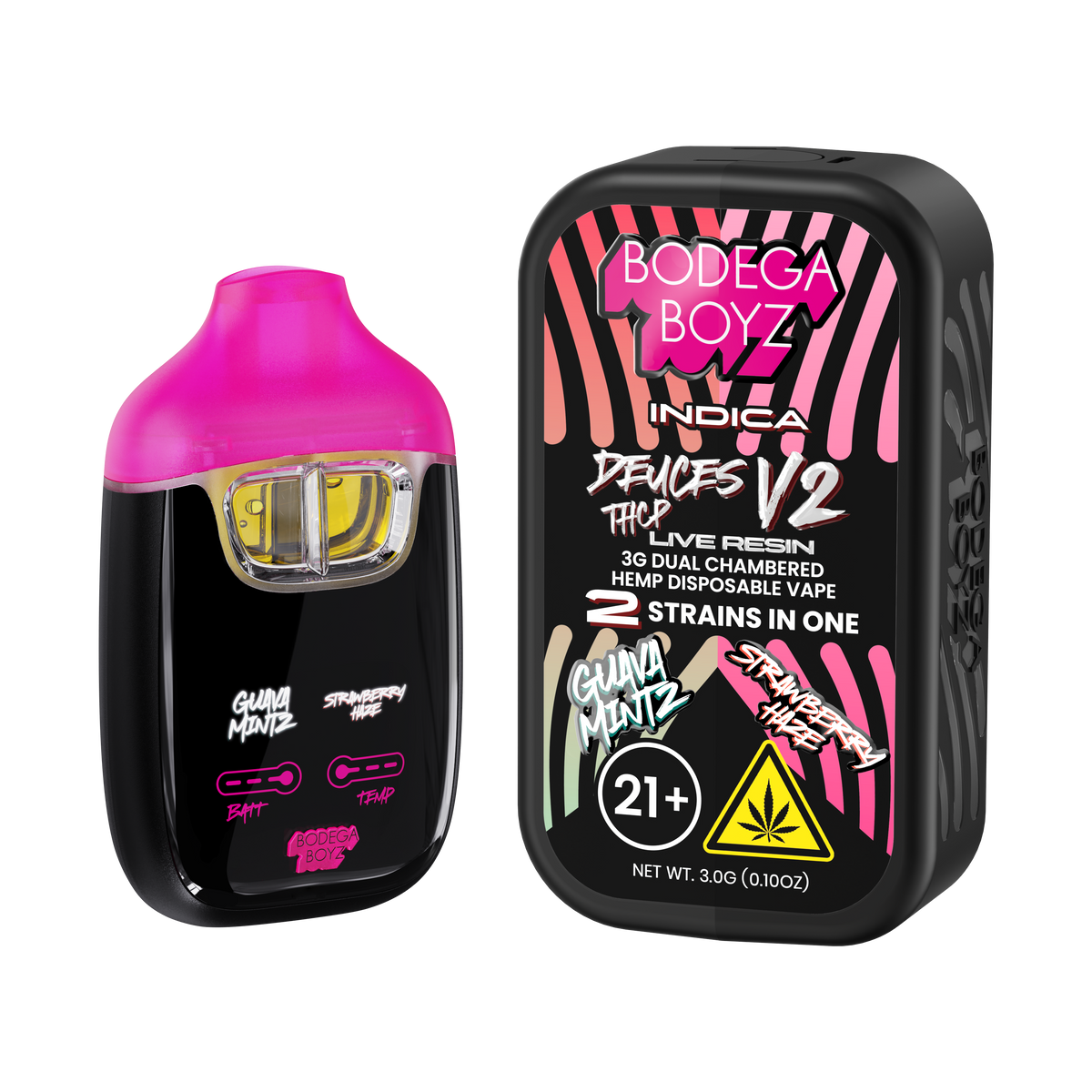 Bodega Boyz Deuces THCP Live Resin Disposable Vape – 3G — Guava Mintz Strawberry Haze packaging