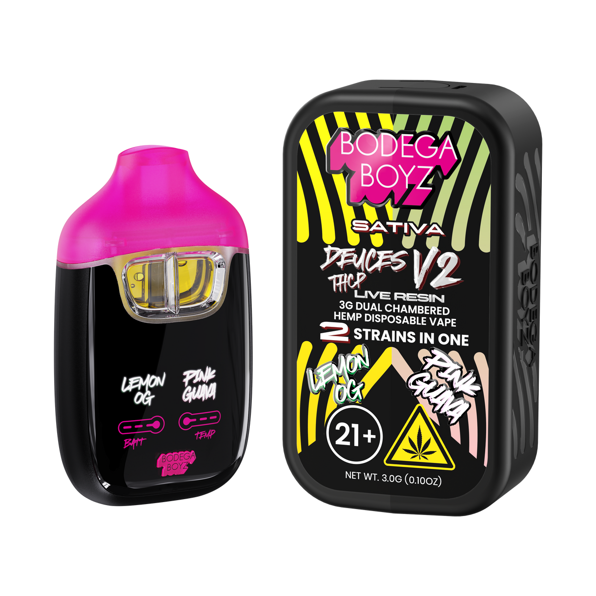 Bodega Boyz Deuces THCP Live Resin Disposable Vape – 3G — Lemon OG Pink Guava packaging