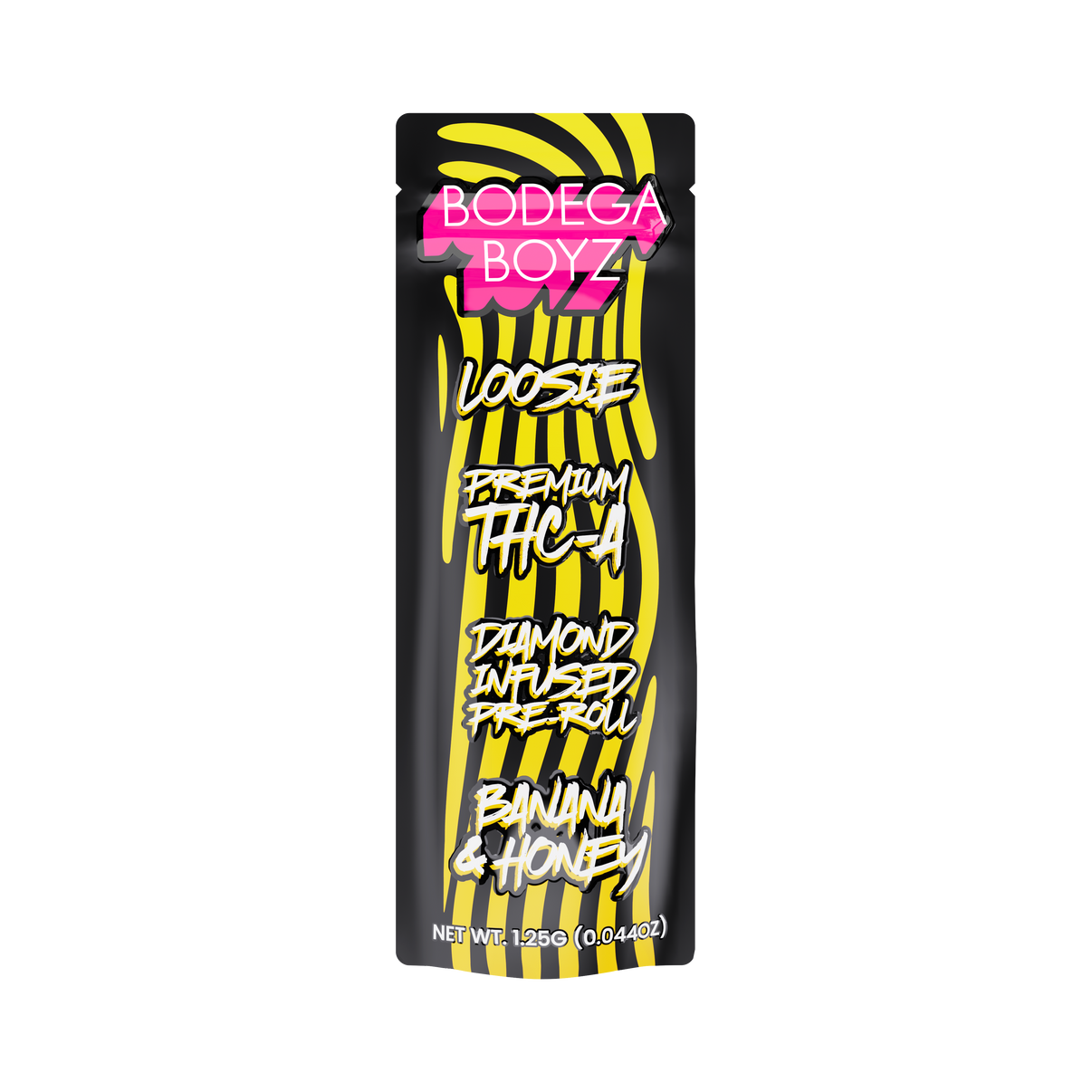 Bodega Boyz 1.25G THCA Diamond Infused Pre-roll by Elevated Haze, featuring a banana honey flavor and detailed packaging.