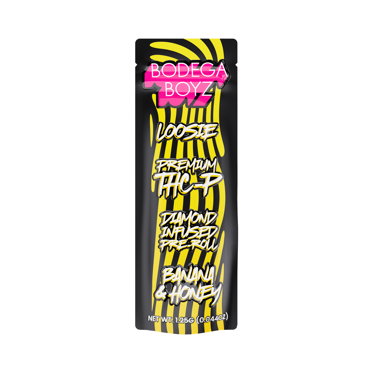 Bodega Boyz 1.25G THCP diamond-infused pre-roll with banana honey flavor, by Elevated Haze, shown with packaging and pre-roll.