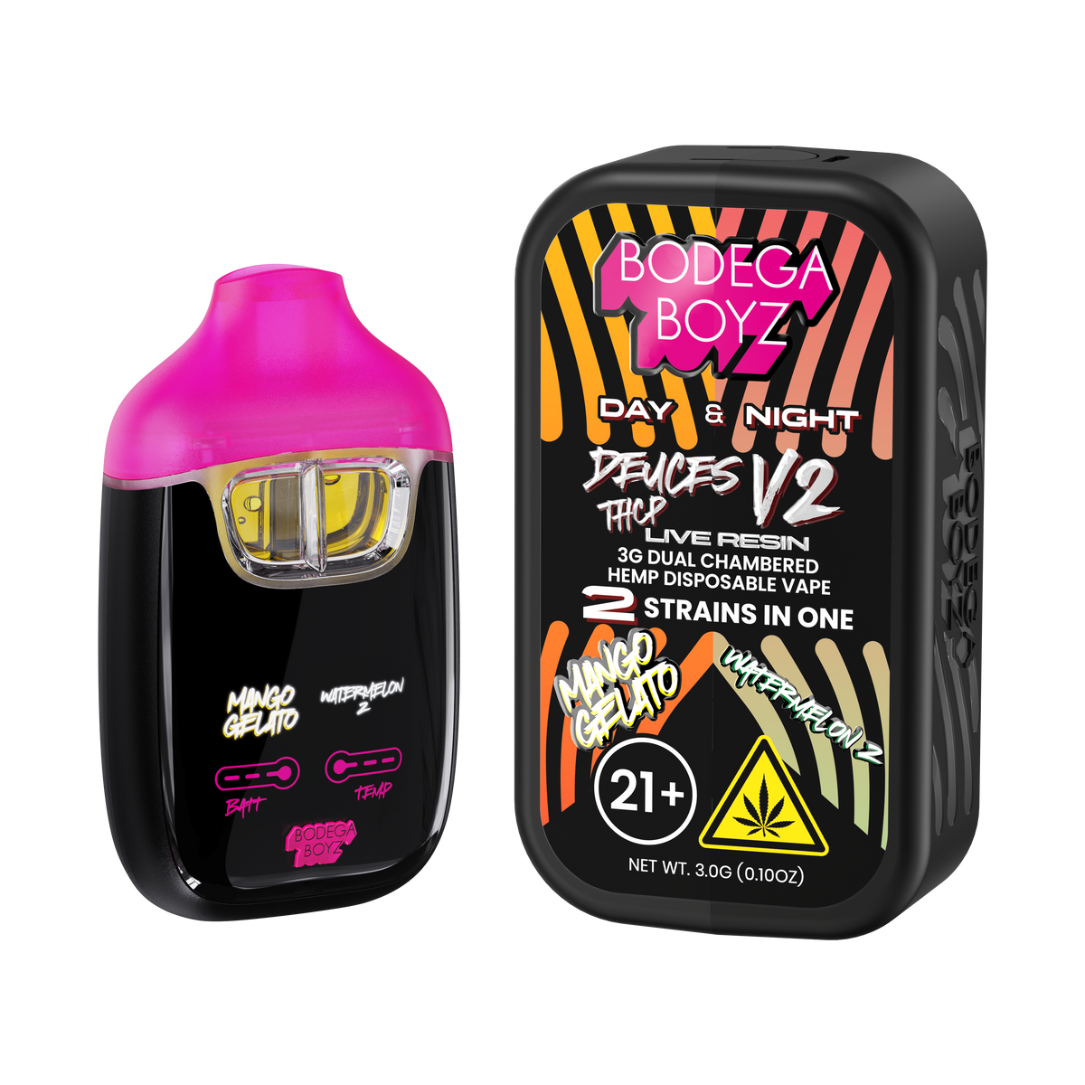 Bodega Boyz Deuces THCP Live Resin Disposable Vape – 3G — Mango Gelato Watermelon Z packaging