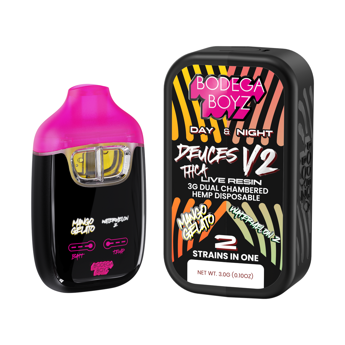 Bodega Boyz Deuces THCA Live Resin Disposable Vape – 3G — Mango Gelato Watermelon Z packaging