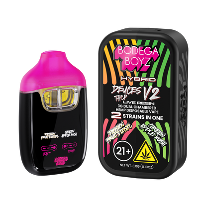 Bodega Boyz Deuces THCP live resin 3g jar with vibrant green and purple cannabis concentrate labels and colorful packaging.