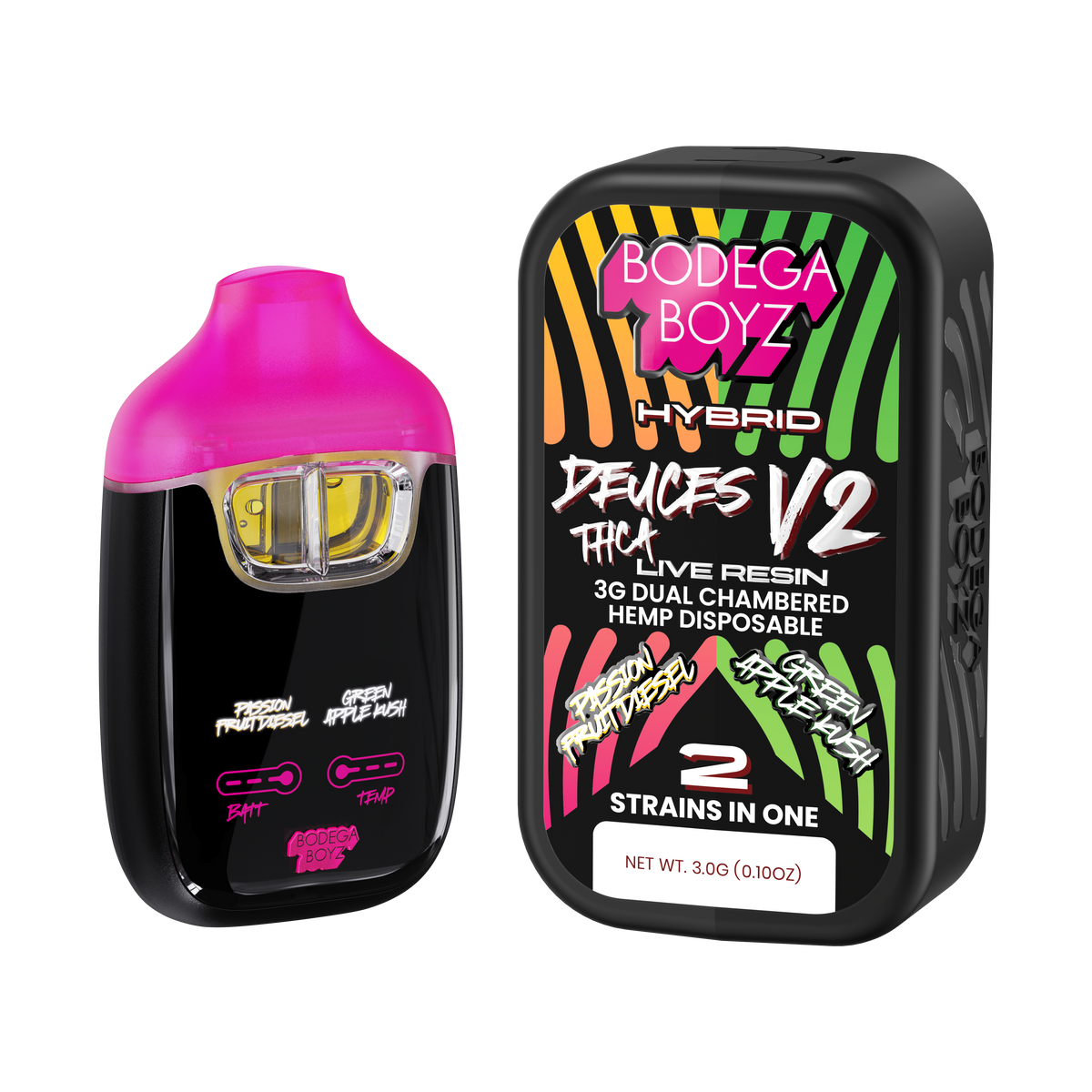 Bodega Boyz Deuces THCA Live Resin Disposable Vape – 3G — Passion Fruitdiesel Green Apple Kush packaging