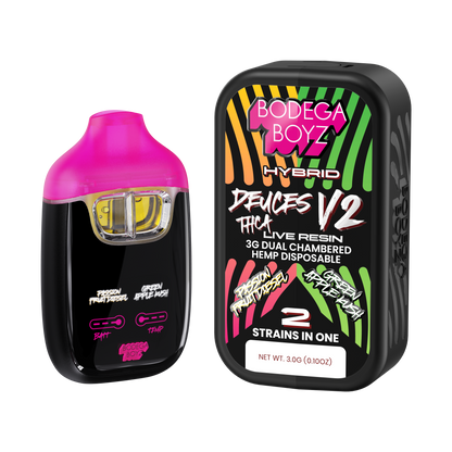 Bodega Boyz Deuces THCA Live Resin Disposable Vape – 3G — Passion Fruitdiesel Green Apple Kush packaging