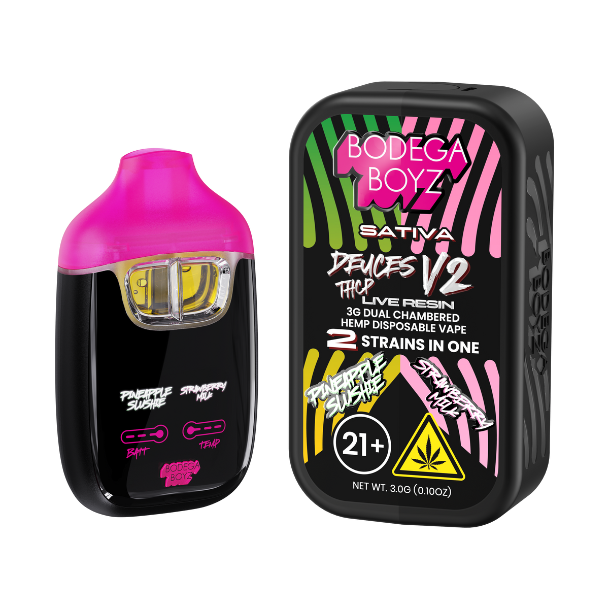 Bodega Boyz Deuces THCP live resin 3g jar with pineapple, strawberry, and mink flavor labels and colorful packaging.