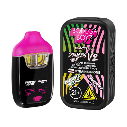 Bodega Boyz Deuces THCP live resin 3g jar with pineapple, strawberry, and mink flavor labels and colorful packaging.