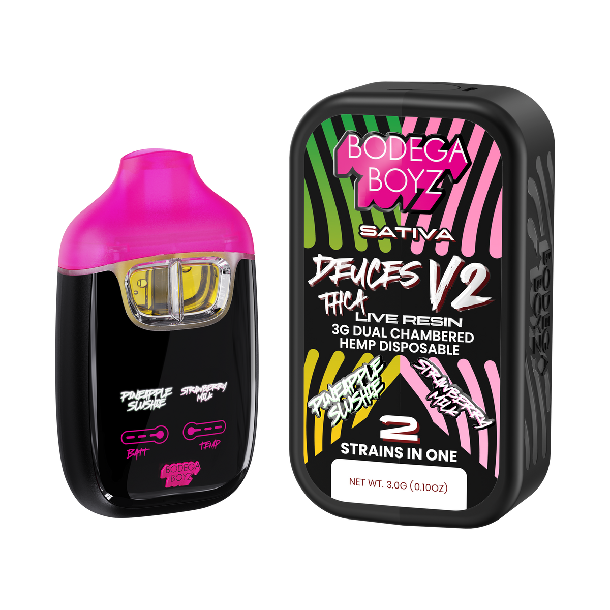 Bodega Boyz Deuces THCA Live Resin Disposable Vape – 3G — Pineapple Slushie Strawberry Mink packaging