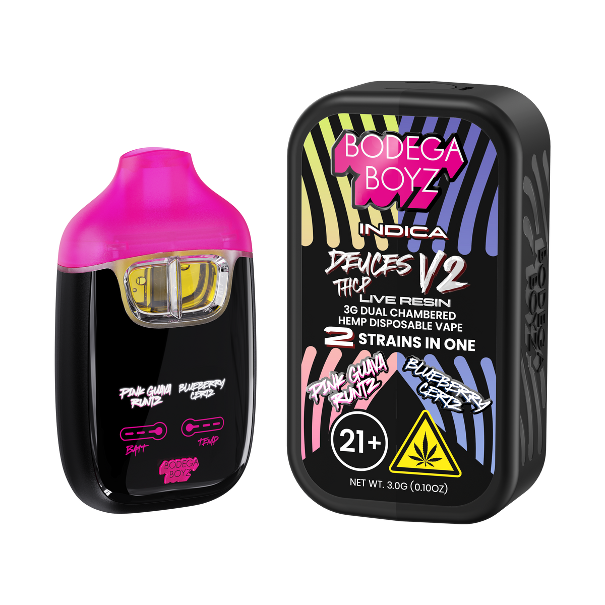 Bodega Boyz Deuces THCP Live Resin Disposable Vape – 3G — Pink Guava Runtz Blueberry Certz packaging