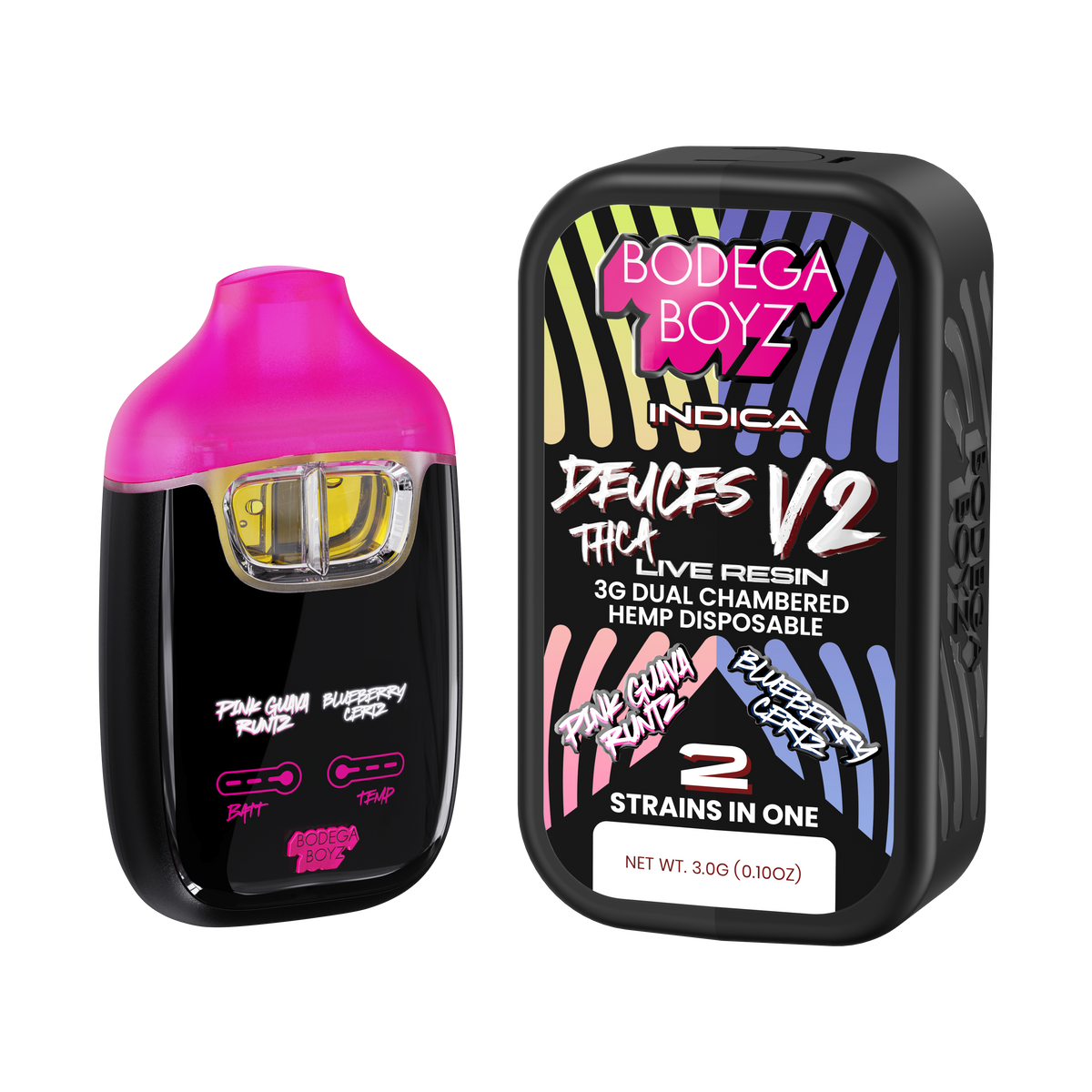 Bodega Boyz Deuces THCA Live Resin Disposable Vape – 3G — Pink Guava Runtz Blueberry Certz packaging
