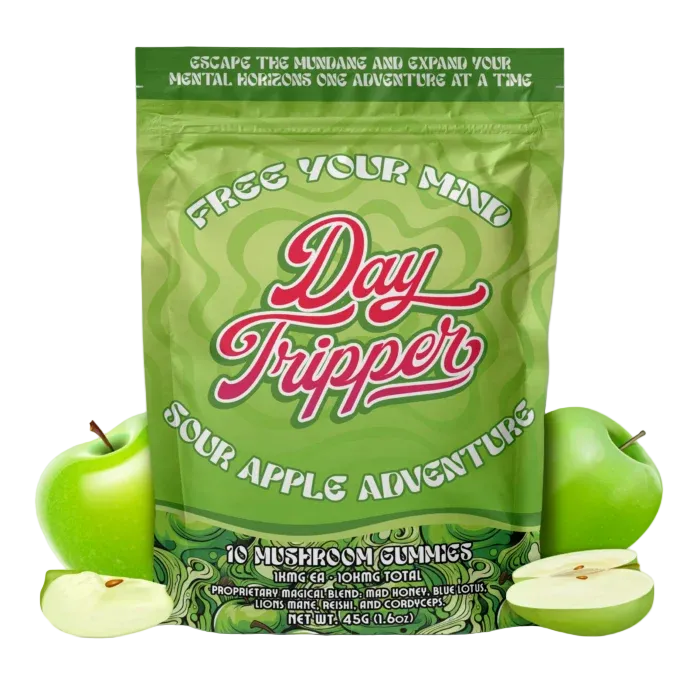 Day Tripper Sour Apple Adventure gummy pouch, front view