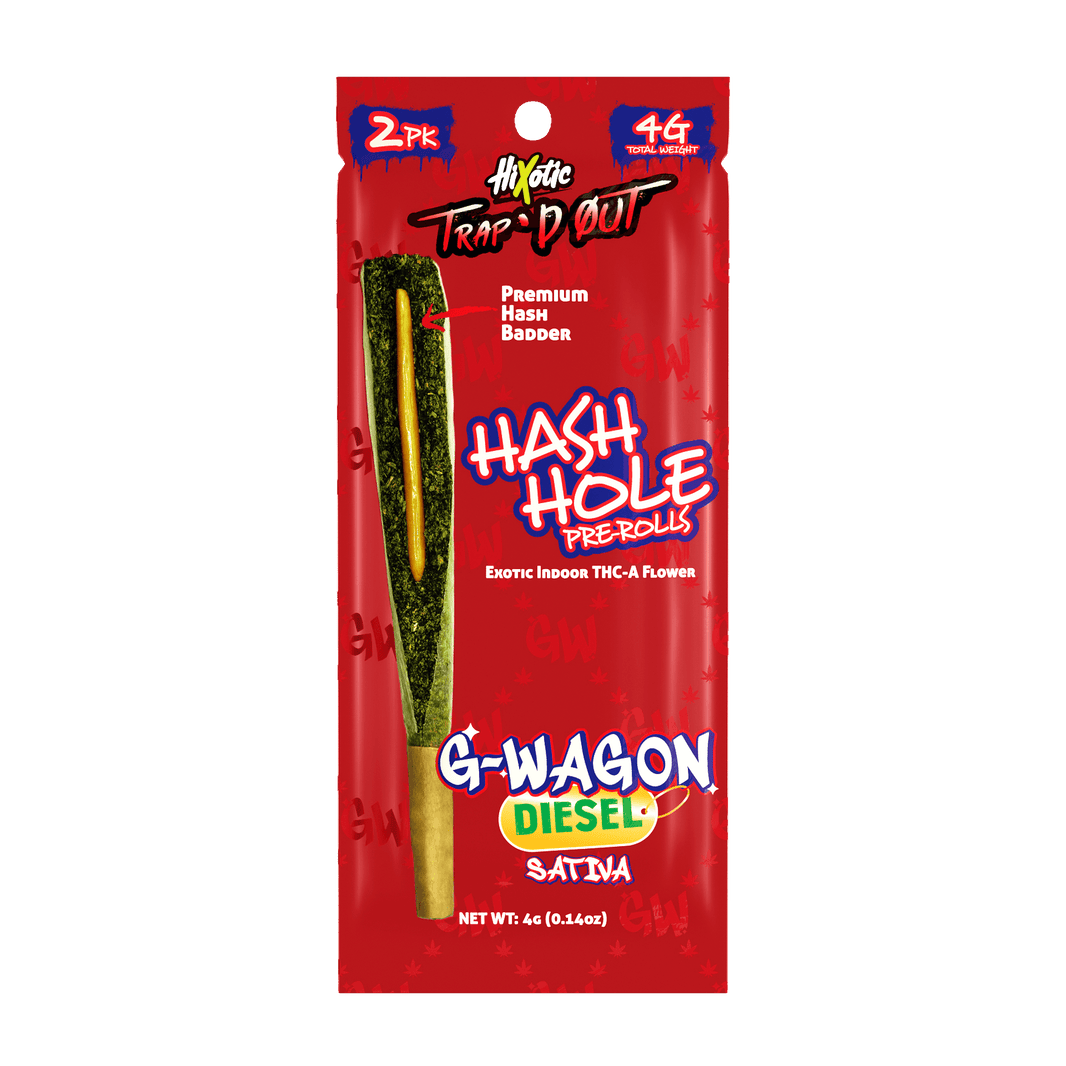 HiXotic Trap'd Out Jeffrey THCA Hash Holes — Apple Jack sativa, 4G donut pre-roll