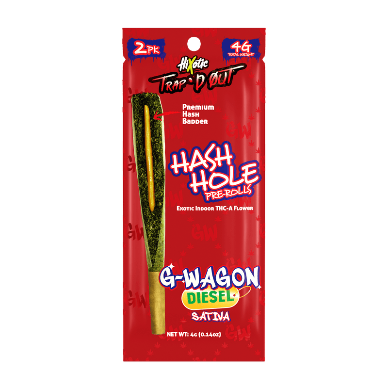 HiXotic Trap'd Out Jeffrey THCA Hash Holes — Apple Jack sativa, 4G donut pre-roll