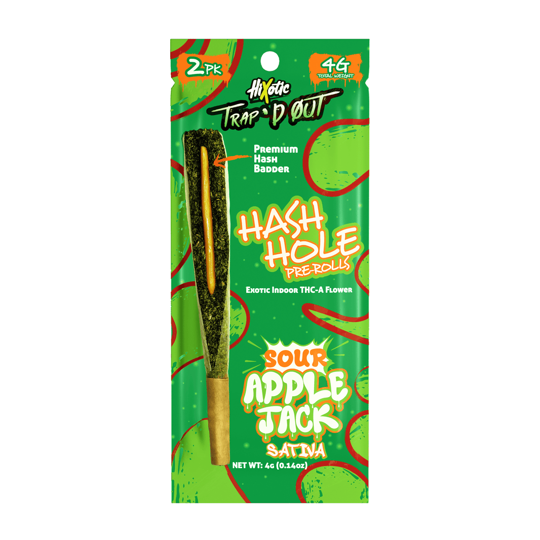 HiXotic Trap'd Out Jeffrey THCA Hash Holes — Apple Jack sativa, 4G donut pre-roll