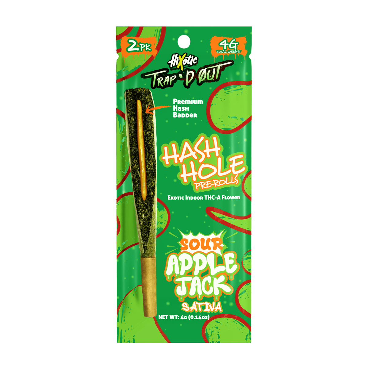 HiXotic Trap'd Out Jeffrey THCA Hash Holes — Apple Jack sativa, 4G donut pre-roll