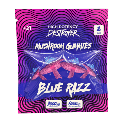 Destroyer Mushroom Gummies Blue Razz 2-count pouch