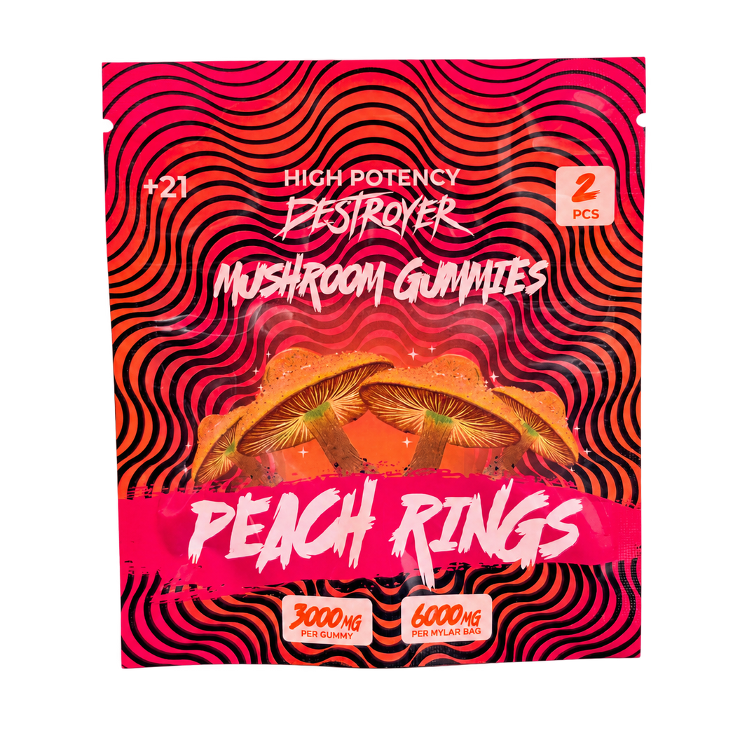 Destroyer Mushroom Gummies Peach Rings 2-count pouch