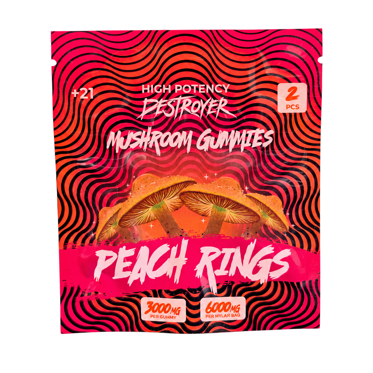 Destroyer Mushroom Gummies Peach Rings 2-count pouch