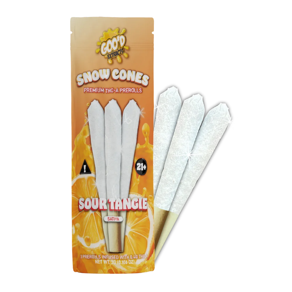GOO'D Snow Cones Hemp Pre Rolls with hybrid Pineapple Express strain, displayed in a clear package.