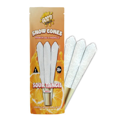 GOO'D Snow Cones Hemp Pre Rolls with hybrid Pineapple Express strain, displayed in a clear package.