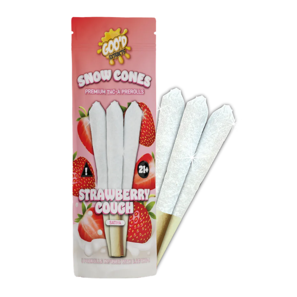 GOO'D Snow Cones Hemp Pre Rolls, hybrid Pineapple Express strain, with visible pre-rolled hemp joints in packaging.