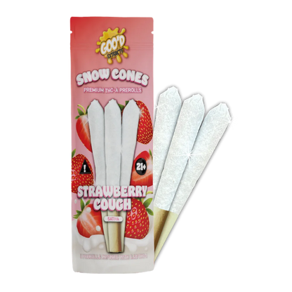 GOO'D Snow Cones Hemp Pre Rolls, hybrid Pineapple Express strain, with visible pre-rolled hemp joints in packaging.