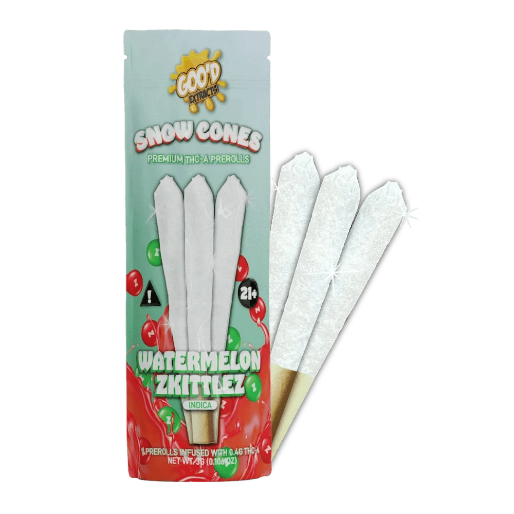 GOO'D Snow Cones Hemp Pre Rolls with hybrid Pineapple Express flavor, displayed in a close-up shot.