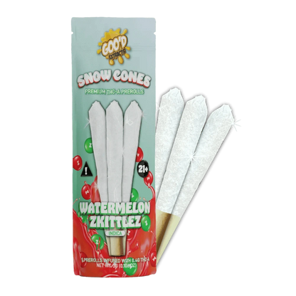 GOO'D Snow Cones Hemp Pre Rolls with hybrid Pineapple Express flavor, displayed in a close-up shot.