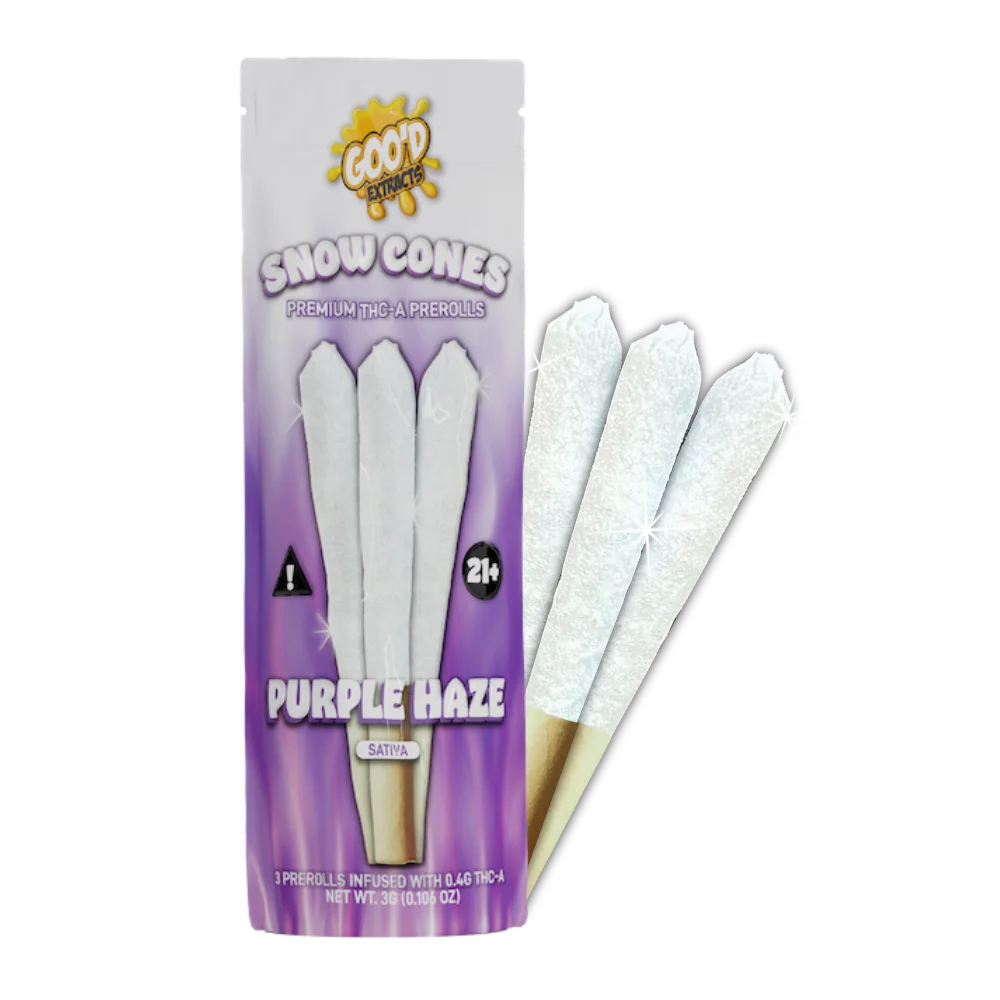 GOO'D Snow Cones Hemp Pre Rolls with hybrid Pineapple Express strain, featuring pre-rolled hemp cones in a clear package.