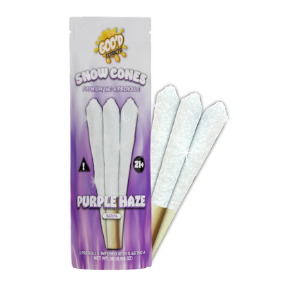 GOO'D Snow Cones Hemp Pre Rolls with hybrid Pineapple Express strain, featuring pre-rolled hemp cones in a clear package.