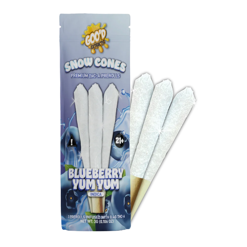 GOO'D Snow Cones Hemp Pre Rolls with hybrid Pineapple Express flavor, featuring a single pre-roll in a sleek packaging.