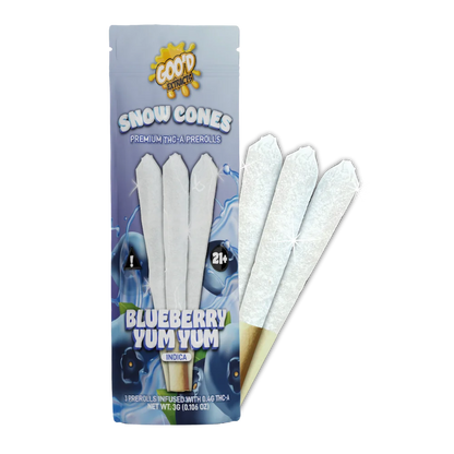 GOO'D Snow Cones Hemp Pre Rolls with hybrid Pineapple Express flavor, featuring a single pre-roll in a sleek packaging.