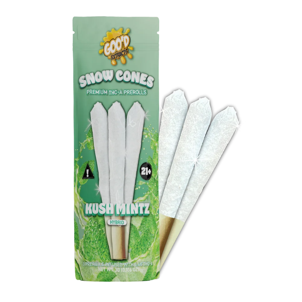 GOO'D Snow Cones Hemp Pre Rolls with hybrid Pineapple Express strain, shown in a clear image of the pre-rolls.