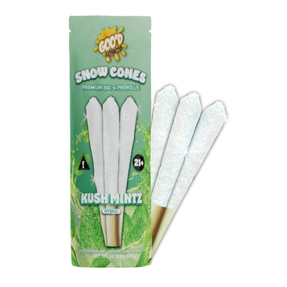 GOO'D Snow Cones Hemp Pre Rolls with hybrid Pineapple Express strain, shown in a clear image of the pre-rolls.