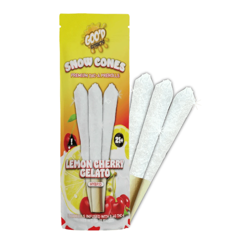GOO'D Snow Cones Hemp Pre Rolls, hybrid Pineapple Express flavor, showcased in close-up with packaging details.