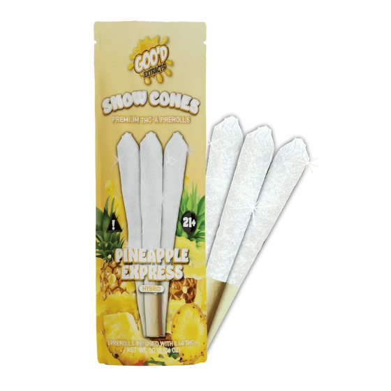 GOO'D Snow Cones Hemp Pre Rolls, hybrid Pineapple Express flavor, featuring rolled hemp pre-rolls with colorful packaging.
