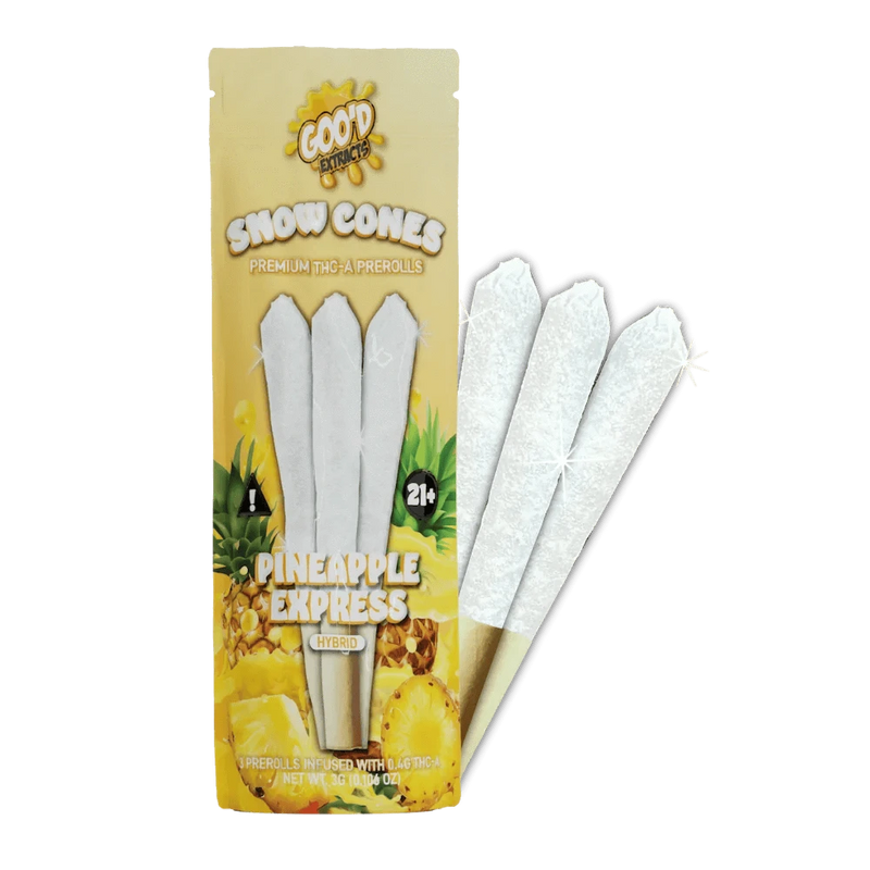 GOO'D Snow Cones Hemp Pre Rolls, hybrid Pineapple Express flavor, featuring rolled hemp pre-rolls with colorful packaging.