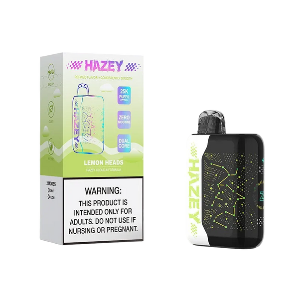 Lemon-flavored Hazey 25K Cloud-6 disposable vape by Elevated Haze, featuring a sleek design and vibrant lemon-heads graphics.