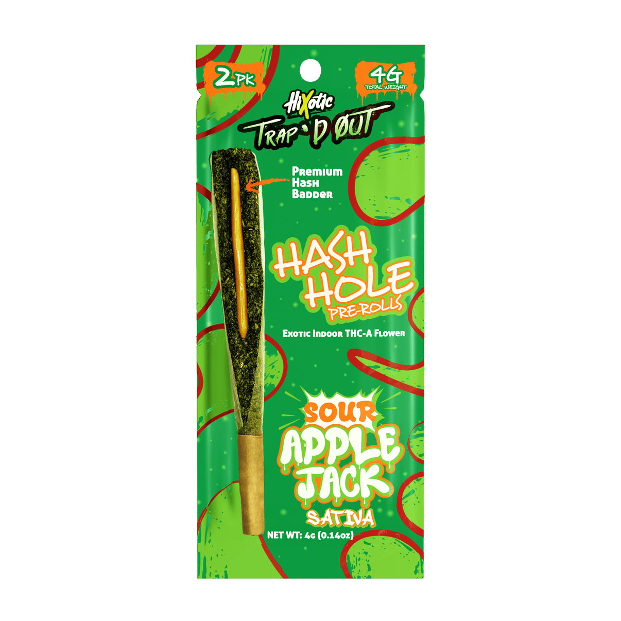HiXotic Trap'd Out Jeffrey THCA Hash Holes — Apple Jack sativa, 4G donut pre-roll