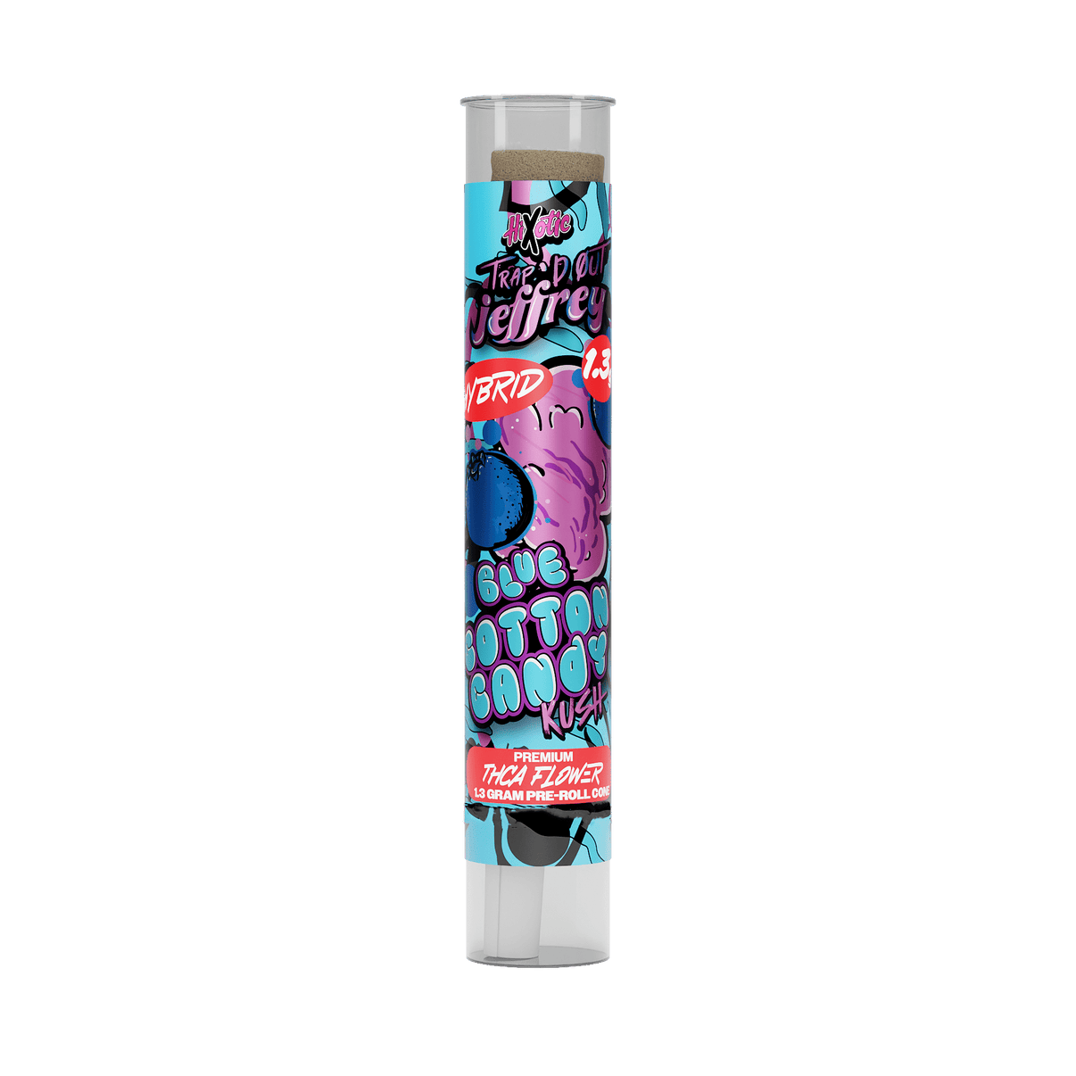 HiXotic Trap'd Out Jeffrey THCA Pre-Roll — Blue Cotton Candy Kush hybrid, 1.3G