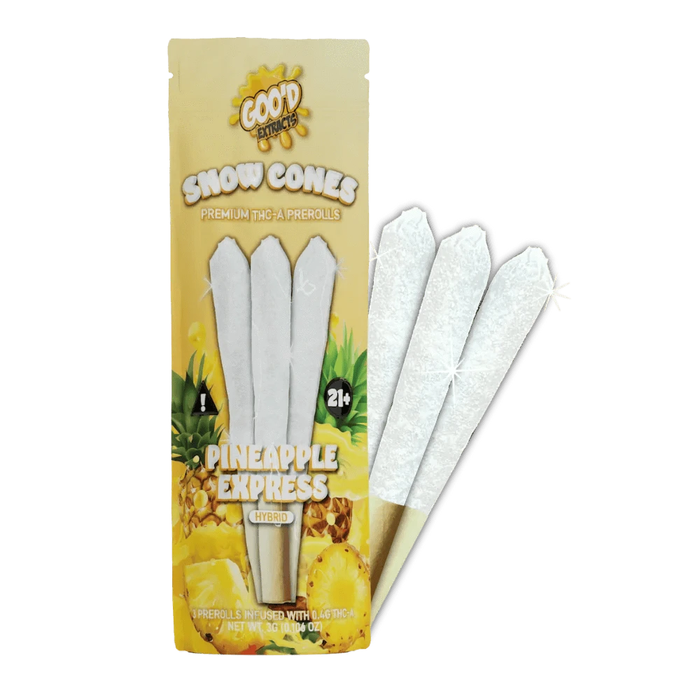 Elevated Haze GOO'D Snow Cones Hemp Pre Rolls, hybrid Pineapple Express flavor, featuring rolled hemp pre-rolls with colorful packaging.